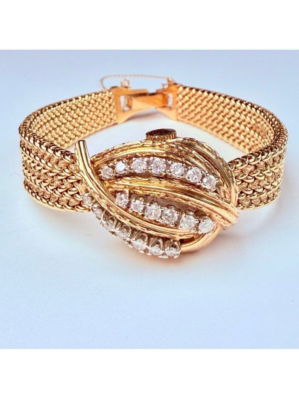 Estate 14K Solid Gold Altair Ladies Diamond Hidden Dial Bracelet Watch 1940's